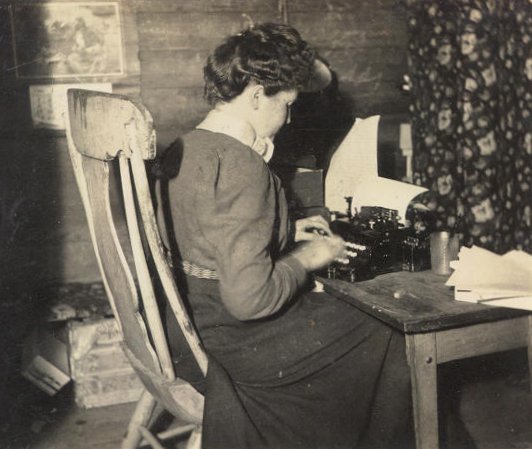 B.M. Bower writing in Big Sandy, Montana, 1904 (Image courtesy of Oklahoma State Library)