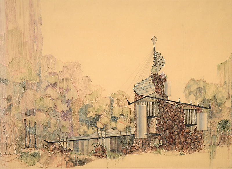 Color drawing of Bruce Goff's Bavinger house. 