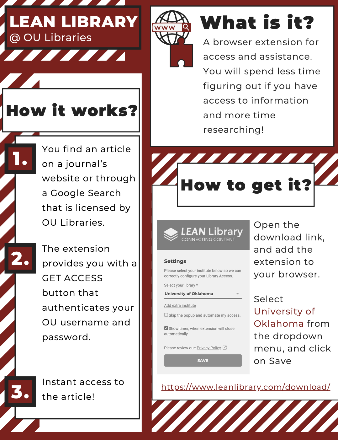 Lean Library info graphic. Sections of how it works, what is it, and how to get it. 