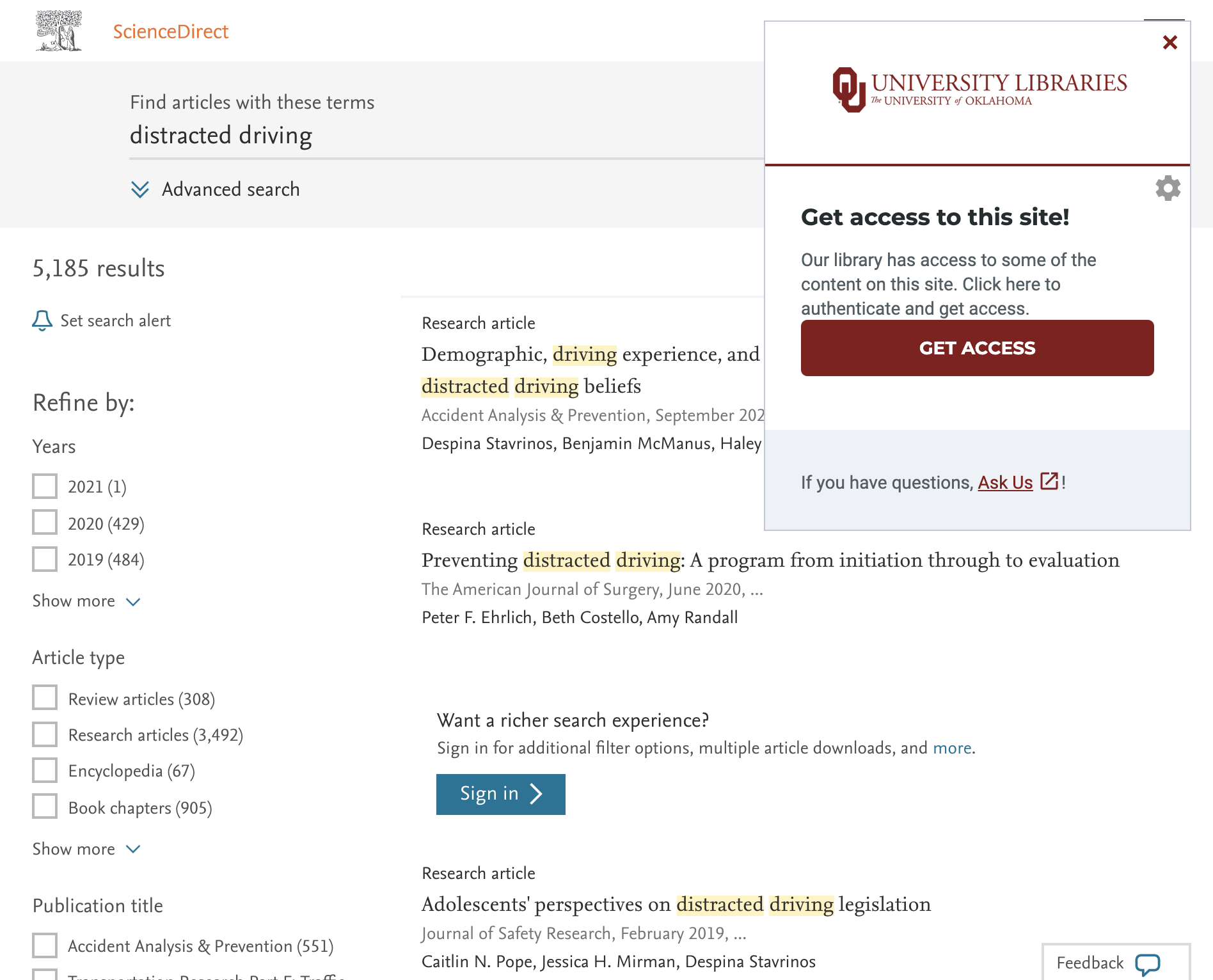 Science Direct webpage with the Lean Library get access browser extension pop up. 