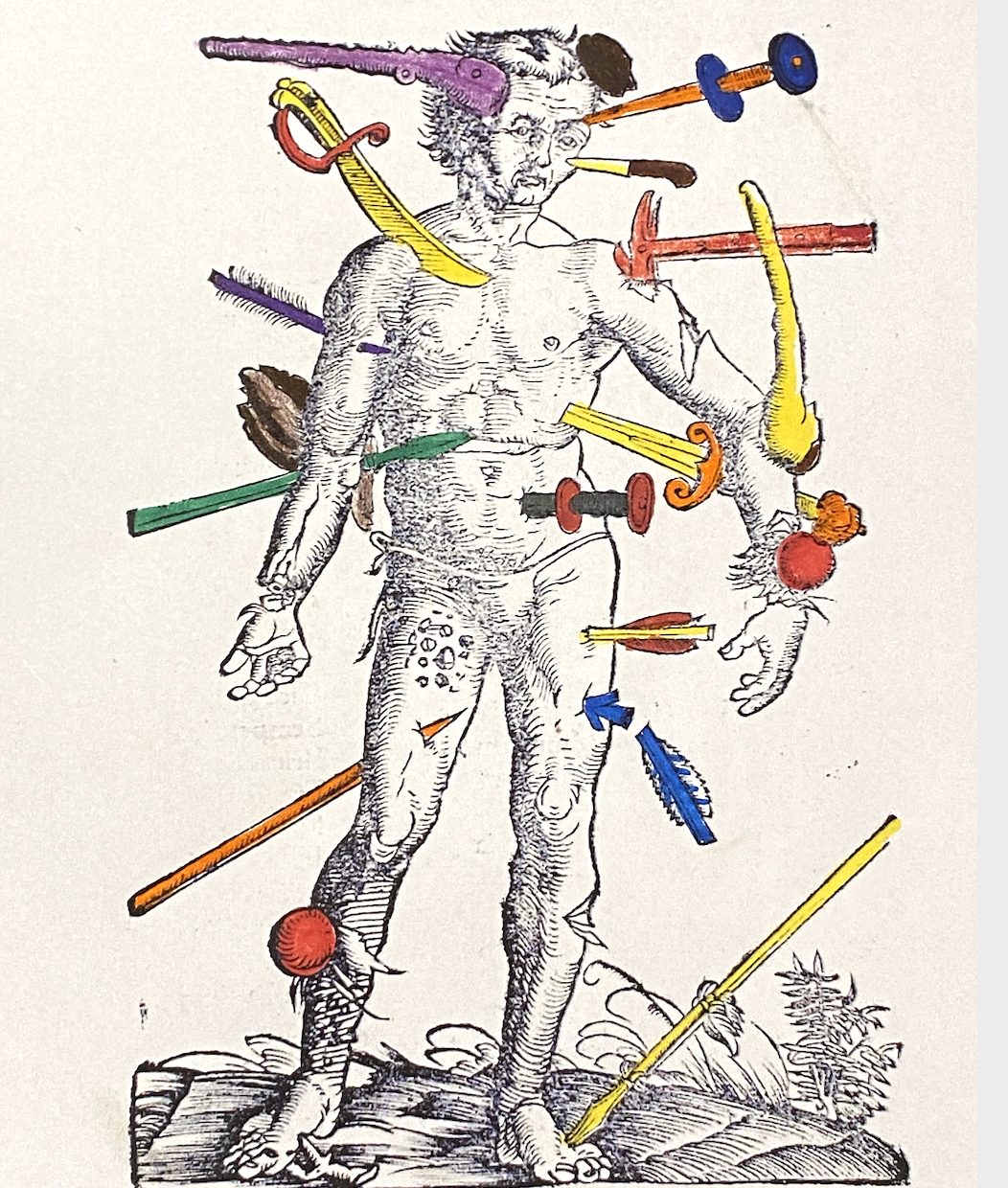 Image of coloring page based on "Wound Man" illustration from Hildegard of Bingen's 1533 work on healing