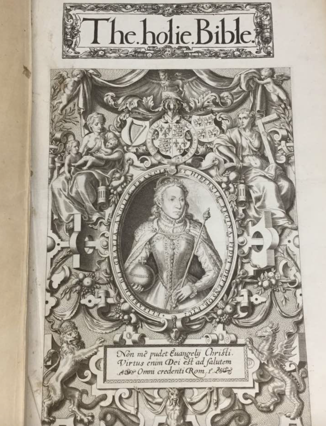 Image of title page of 1572 English Bible with illustration of Queen Elizabeth