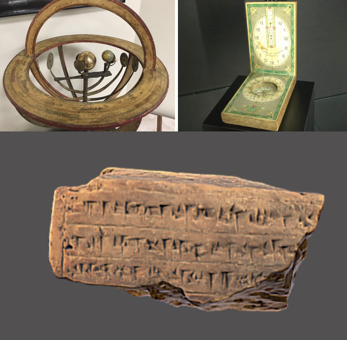 Images of various artifacts and instruments: astronomical teaching instrument, sundial and Cuneiform brick