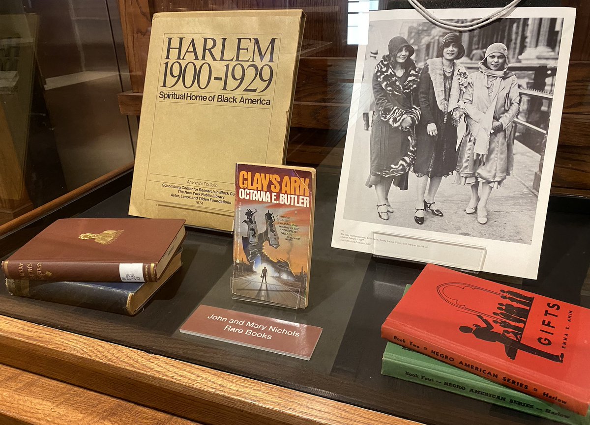 Photo of display case with items from Nichols Rare Books & Special Collections (materials selected for Black History Month)