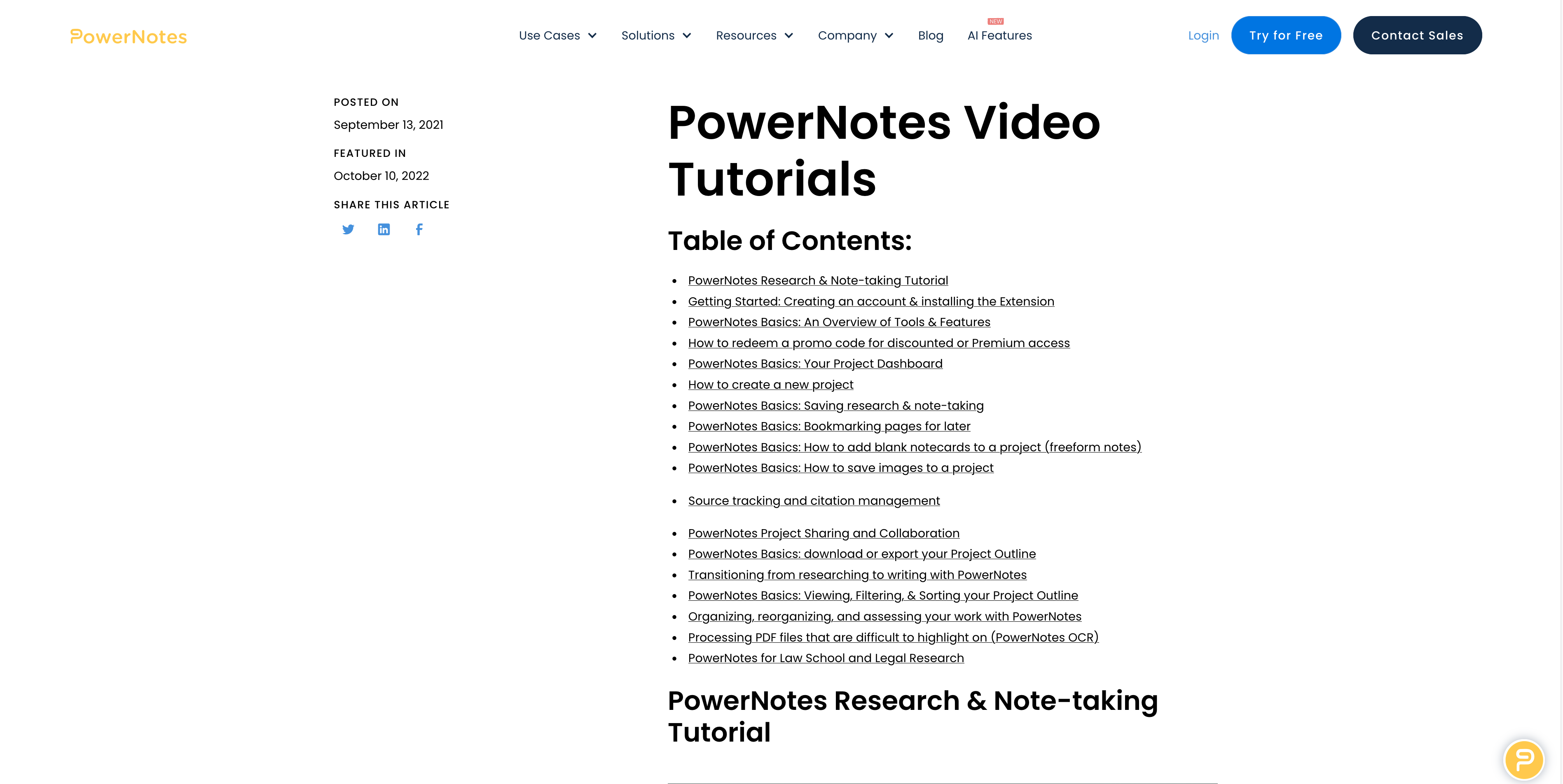 Screenshot of PowerNotes website tutorials