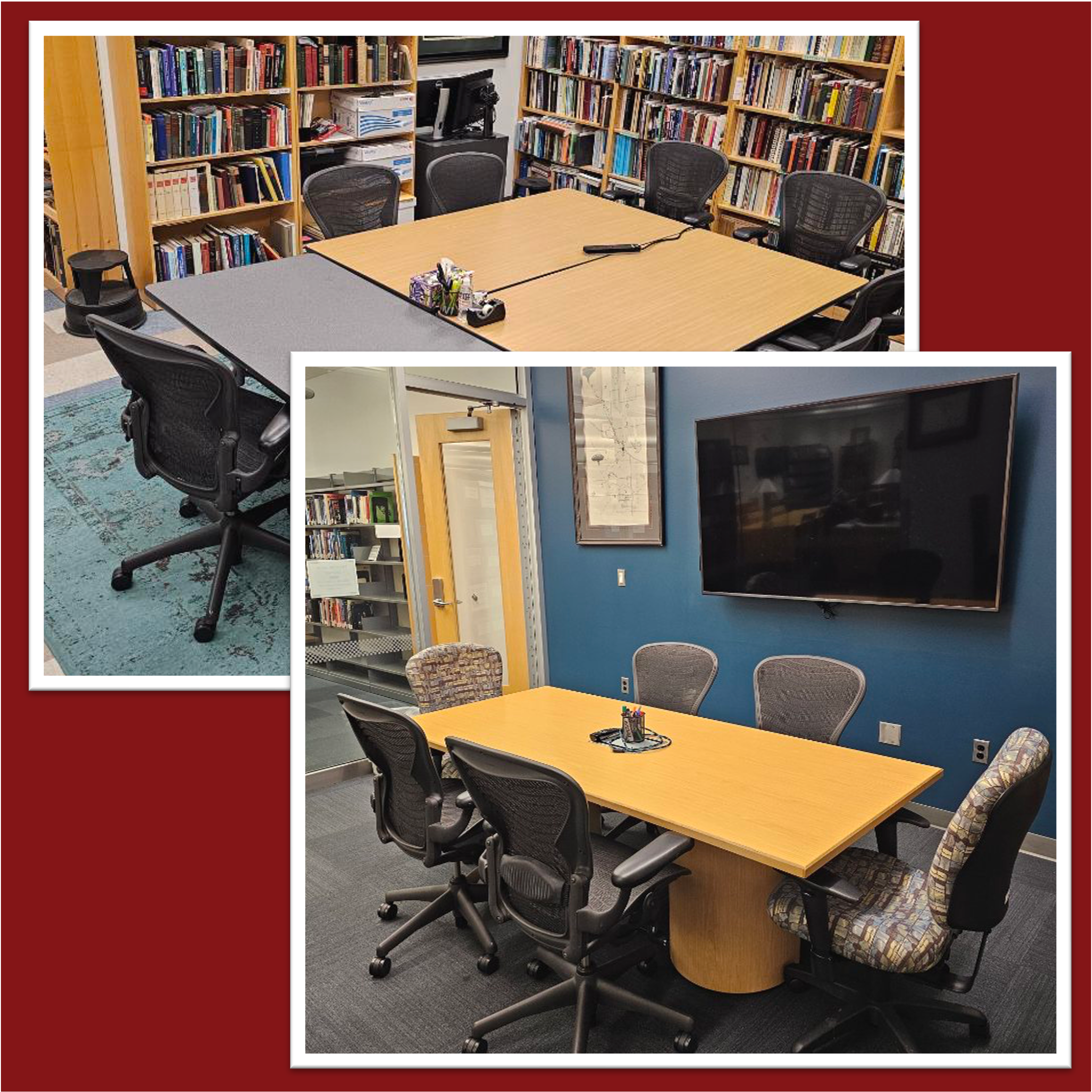 Images of two conference rooms - each with a table and chairs.