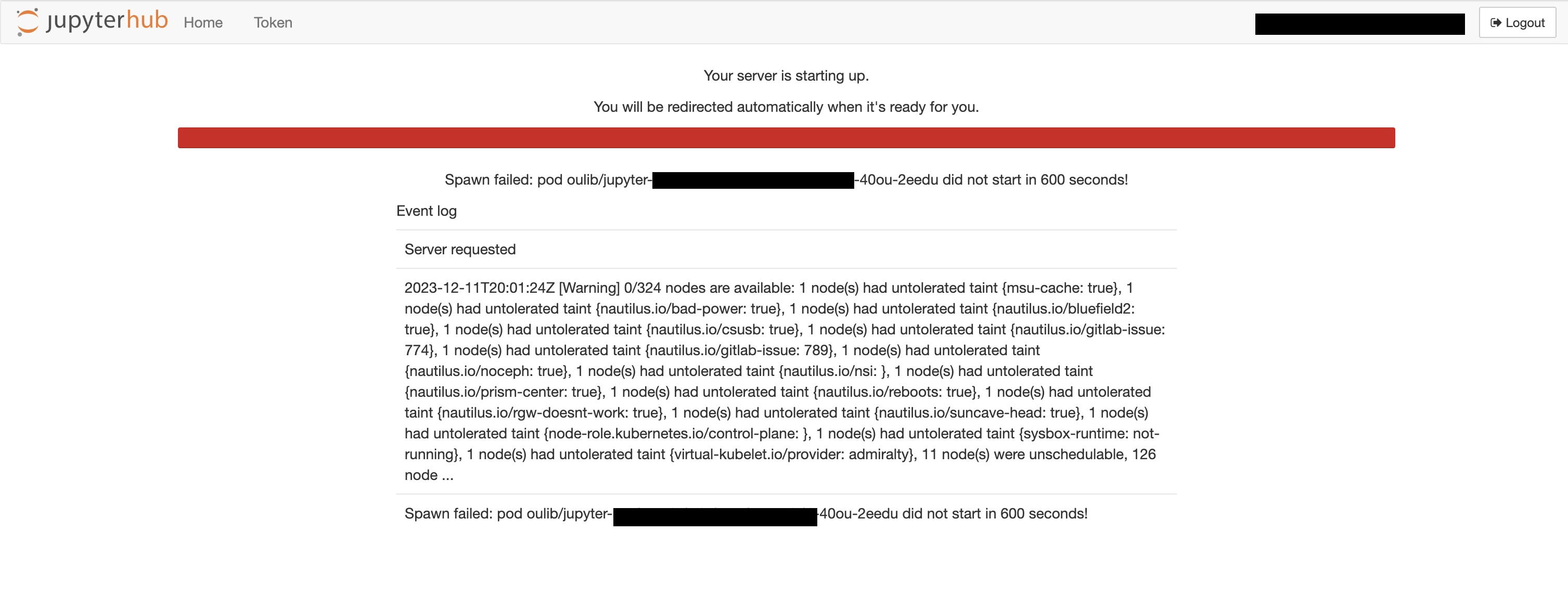 Spawn failed: pod/oulib/jupyter- did not start in 600 seconds!