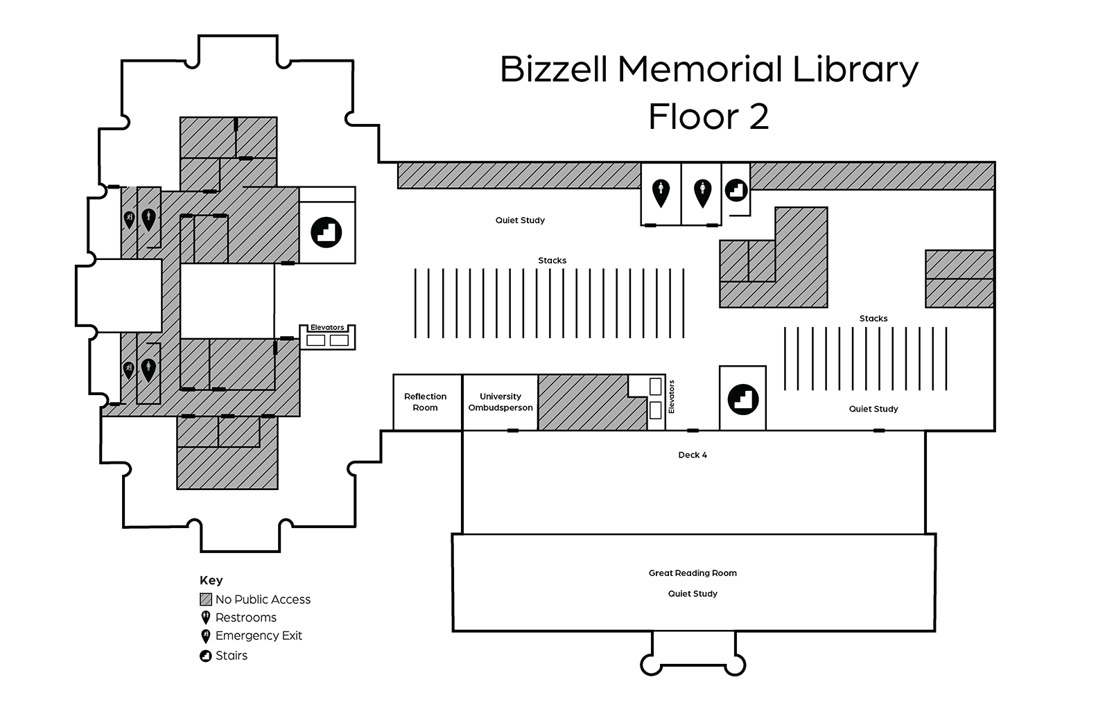 The following spaces are labeled in a clockwise direction from the top of the page, which is the north end of the building: Quiet study area, Stacks, Deck 4, Great Reading Room, south elevators, Ombudsperson Office, Reflection Room, quiet study area, center elevators, admin offices. 
