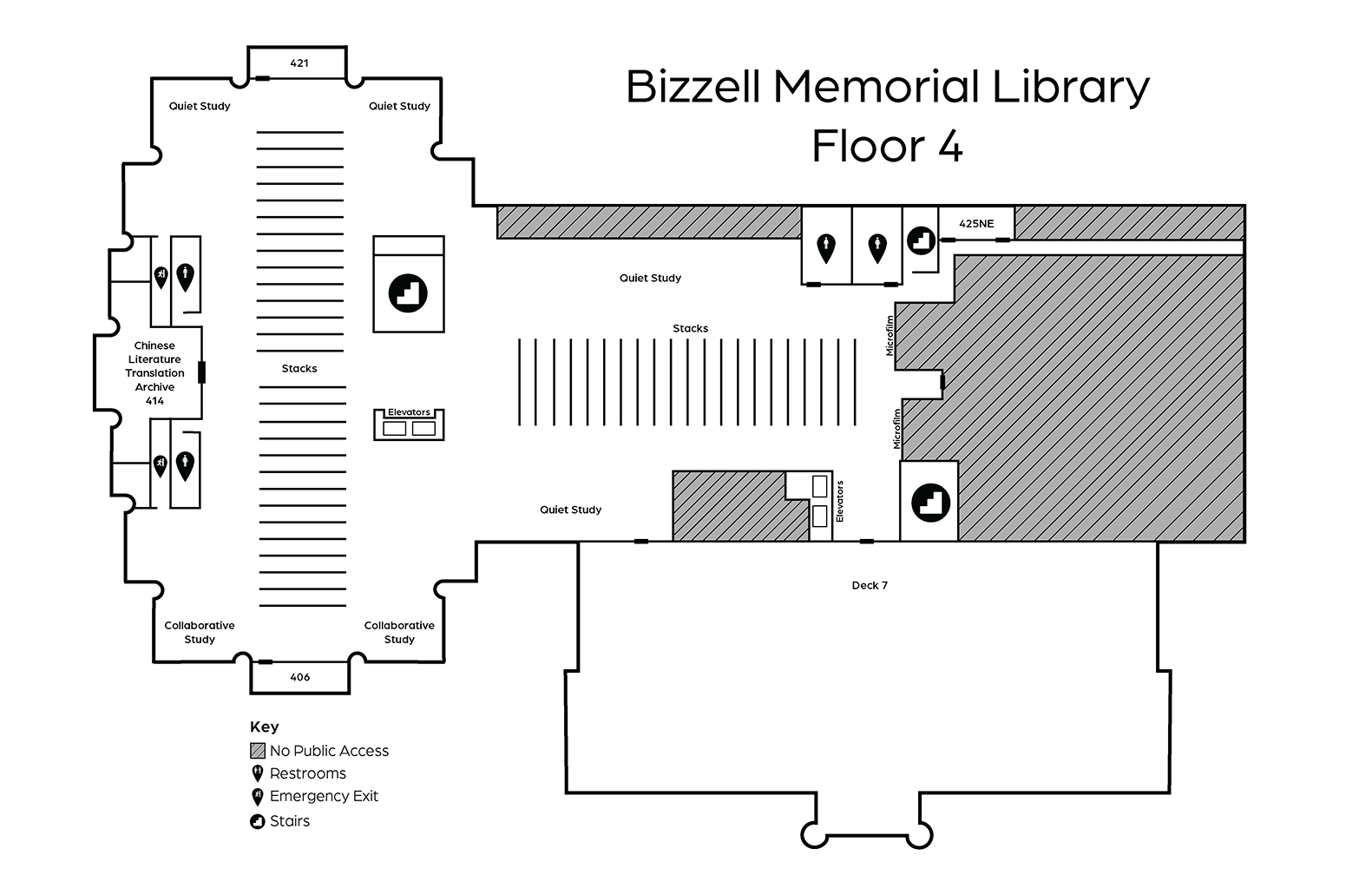 The following spaces are labeled in a clockwise direction from the top of the page, which is the north end of the building: Quiet study area, Stacks, Deck 7, south elevators, Quiet study, Collaborative study, center elevators, the Chinese Literature Translation Archive, Stacks, Quiet study area. 