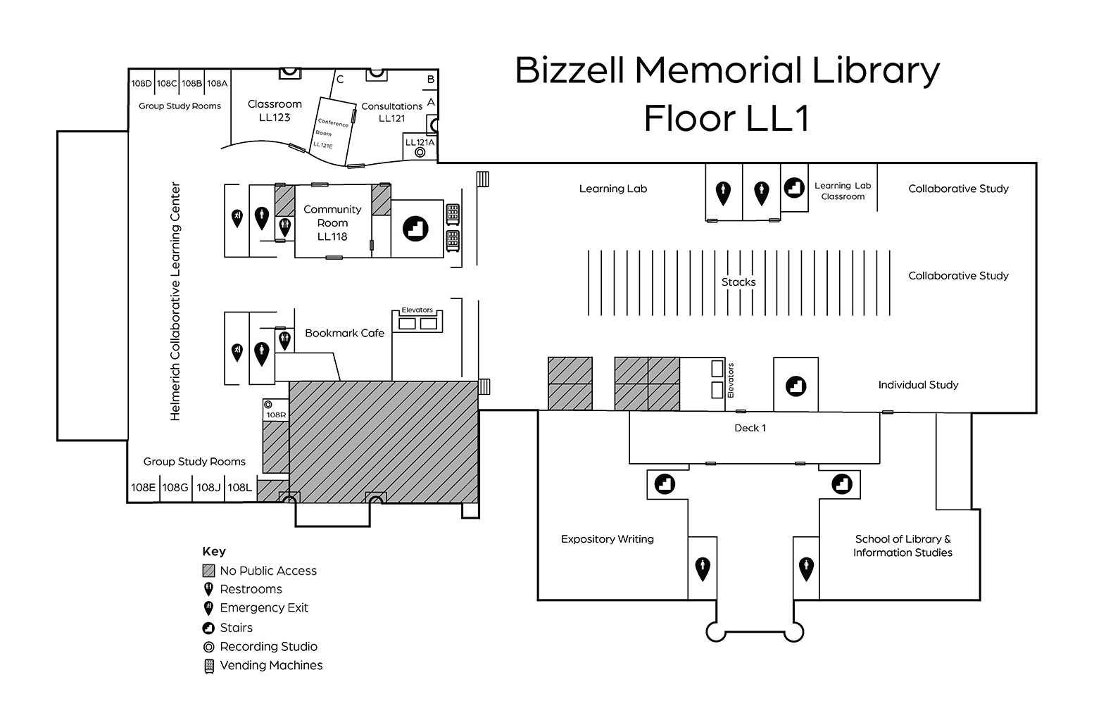 The following spaces are labeled in a clockwise direction from the top of the page, which is the north end of the building: Learning Lab, Stacks (Library of Congress Classification: A-D), Collaborative study areas, individual study areas, School of Library & Information Studies, Expository Writing, Deck 1, south elevators, center elevators, Bookmark Café, Group study rooms, Helmerich Collaborative Learning Center, Group study rooms, Community room LL118, Classroom LL123, Consultations LL121. 