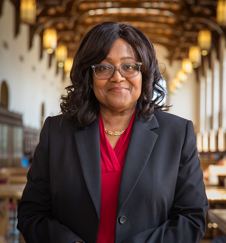 Image of Dean Denise Stephens in the historic main Bizzell Memorial Library.