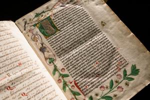 Lavishly illustrated opening page of 1471 incunabulum by Pietro Crescenzi (from History of Science Collections