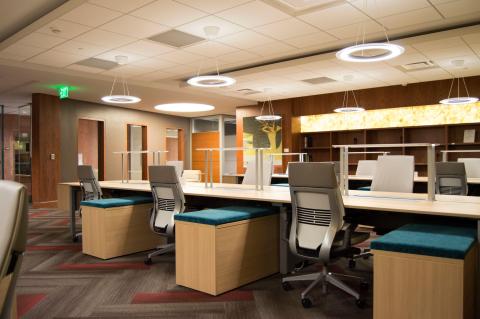 Large study tables in the Zarrow Research Rooms