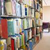 Children's books on library shelves